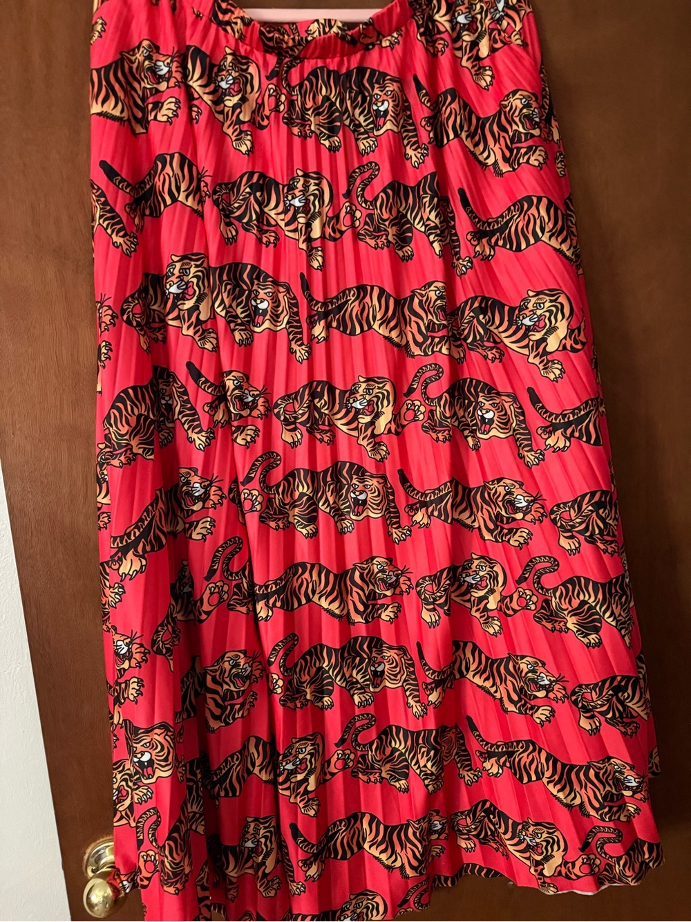 Dressed in Lala - Red Tiger Print Pleated Midi Skirt